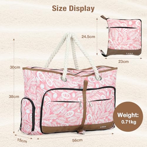 Beach Bag for Women - 35L Large Tote Bag, Waterproof & Sandproof, Zippered Carry On Bag for Pool, Beach & Travel - color: Pink