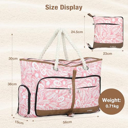 Beach Bag for Women - 35L Large Tote Bag, Waterproof & Sandproof, Zippered Carry On Bag for Pool, Beach & Travel - color: Pink