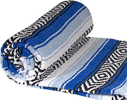 Genuine Mexican Handwoven Premium Large Heavyweight Falsa Serape & Yoga Blanket | Beach & Picnic Blanket (Large Heavy, Royal & Light Blue) - color: Royal Blue and Light Blue Heavy