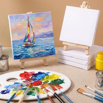 32 Pcs Mini Canvas and Easel Set, 4 x 4 Inch Canvas Panels with 6 Inch Wooden Easels, Art Canvases Painting Kit for Oil Acrylic Painting, Home Decor, Party Favors, Gifts