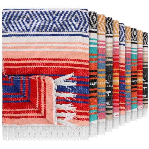 Haull 10 Pcs Large Mexican Blankets Bulk 51" x 71" Mexican Serape Blankets Yoga Authentic Throw Colorful Striped Falsa with Fringed for Outdoor Car Travel Camping Beach Picnic Patio Mat Towel