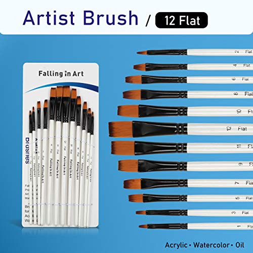 Falling in Art 12 PCS Professional Flat Paint Brushes Set | Artist Brushes for Watercolor, Oil Painting, Acrylic, Face Body Nail Art, Crafts, Rock Painting - size: 12 Pcs Flat Nylon