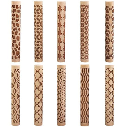 10 PCS Wooden Clay Texture Rollers Set, 100mm Pottery Pattern Rolling Pins with 10 Unique Designs, Ceramic and Polymer Clay Stamp Roller Tools for Studio Craft, Sculpting & Handmade Art Projects(A+B) - color: A+B
