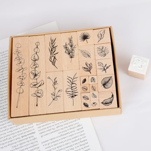 22 Pcs Plant Wooden Rubber Stamps Set, Wood Stamps for Journal, Diary, Scrapbook, Planner, Letter, DIY Craft, Card Making (Green Vitality) - color: Green Vitality