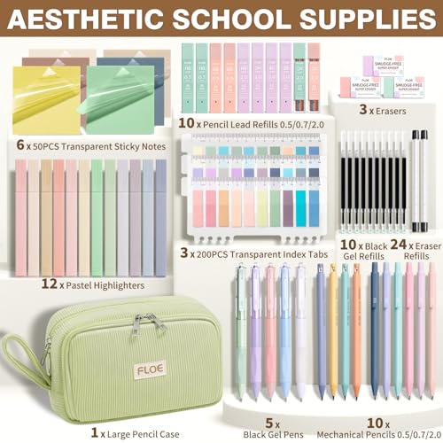 62PCS Aesthetic School Supplies Cute Back to School Supplies Stationary Set | College Preppy Essentials Kit with Large Pencil Pouch Case, Pastel Highlighters Gel Pens Mechanical Pencils for Student Girls - color: Green
