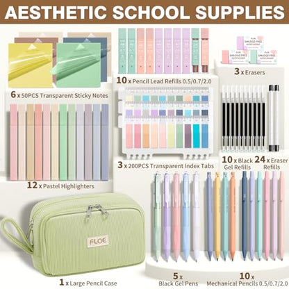 62PCS Aesthetic School Supplies Cute Back to School Supplies Stationary Set | College Preppy Essentials Kit with Large Pencil Pouch Case, Pastel Highlighters Gel Pens Mechanical Pencils for Student Girls - color: Green