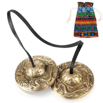 Boao Tingsha Meditation Bell with Bag,2 Dragons with Bell Embossed - color: 2 Dragons with Bell Embossed