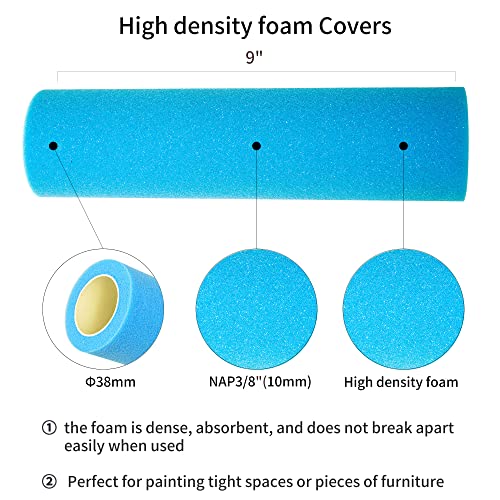 Voomey 9 Inch Foam Paint Roller 3 Pack, High Density Sponge Paint Rollers | for Smooth Wall and Furniture Finishing, Reusable Paint Tools for Home DIY and Professional Use - color: 3pcs blue