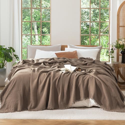 MooMee 100% Cotton Muslin Blanket Fringed 4-Layer Gauze Bed Throw, Queen - color: Brown, size: Queen