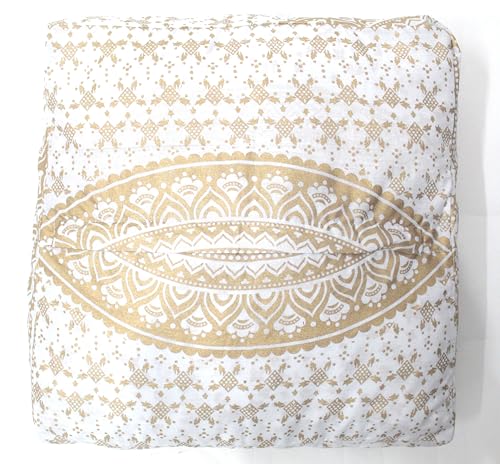 INDIAN CRAFT CASTLE Mandala Mandala Barmeri Large Floor Pillow Cover Cushion Meditation Seating Ottoman Throw Cover Hippie Decorative Zipped Bohemian Pouf Ottoman Cases White Gold Ombre 16" Square
