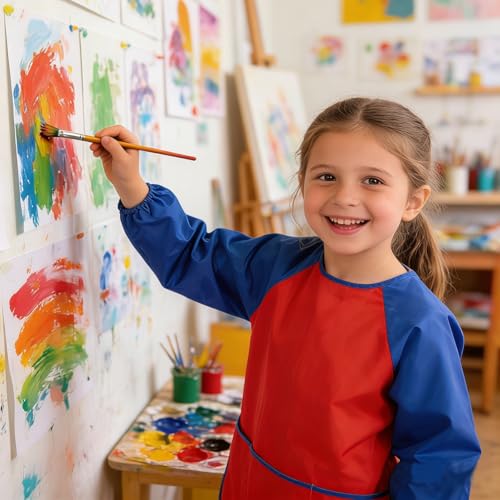 2 Pack Kids Art Smock Waterproof with Long Sleeve and 3 Roomy Pockets Artist Children Aprons for Toddlers Age 3-8 Painting Crafts（Red+Lake Blue） - color: 2 Pack Red+lake Blue