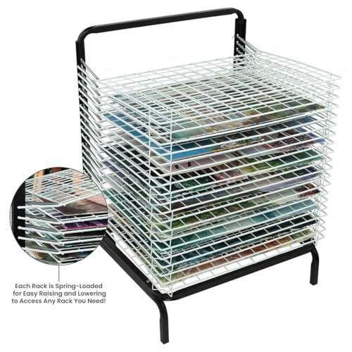 Creative Mark Stack N Dry Floor Art Drying Rack, Mobile Art Rack Stand on Wheels with 20 Coated Metal Spring-Loaded Shelves, for Watercolor, Prints, Paper and Canvas Storage