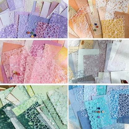 156 Sheets Textured Scrapbook Paper & Mesh Fabric Assorted Set +30 Buttons - 6 Pack Mixed Special Paper for DIY Scrapbooking Planner Bullet Junk Journal Supplies Collage Background 3.9x5.5 Inch