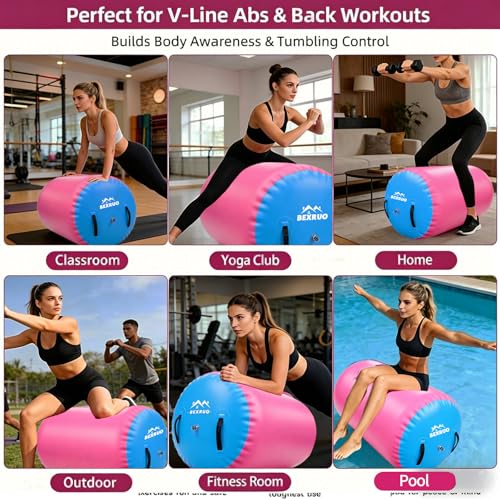 Gymnastics Air Barrel Roller, Inflatable Tumbling Roller Air Mat, Ergonomic Yoga Training Equipment, Barrel Trainer with Pump for Backhandspring, Cheerleading, Home, Gym & Yoga Practice - size: 28"H×36"W