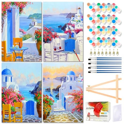 Lanzeyo 4 Pcs Paint by Numbers Kits for Adults Framed Canvas with Wooden Easel DIY Mediterranean Landscape Oil Paintings Kits Paint by Numbers on Canvas Wall Art (8x12 inch) - color: 02 Landscape