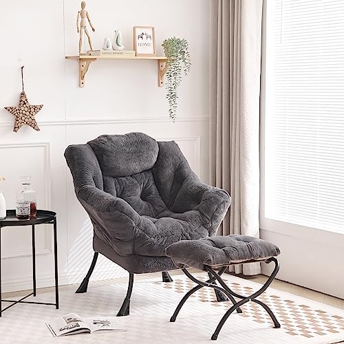 Tiita Lazy Chair with Ottoman, Comfy Reading Accent Chair, Plush Navy - color: Plush-navy