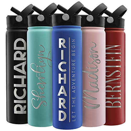 Amazing Items Personalized Water Bottle w/Straw & Lid, 24 oz - Navy Blue | Custom Stainless Steel Sports Water Bottle w/Name and Text - Double-Wall, Vacuum Insulated - Rotating Handle - color: Navy Blue, size: 24 Ounces