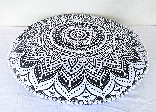 CRAFT KALA 32" in Round Mandala Floor Pillow Cushion Cover Seating Throw Cover Hippie Decorative Bohemian Ottoman Poufs Pillow Cover Cases Boho Cotton Living Yoga Home Décor Room (Grey Ombre) - color: Grey Ombre
