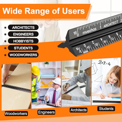Architectural Scale Ruler, Imperial Measurements 12'', Laser-Etched Aluminum Architect Triangular Ruler Black for Architects, Students, Draftsman, and Engineers by mveohos | Black, Laser-Etched Aluminum Architect Triangular Ruler for Architects, Students,