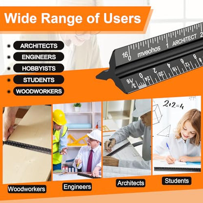 Architectural Scale Ruler, Imperial Measurements 12'', Laser-Etched Aluminum Architect Triangular Ruler Black for Architects, Students, Draftsman, and Engineers by mveohos | Black, Laser-Etched Aluminum Architect Triangular Ruler for Architects, Students,