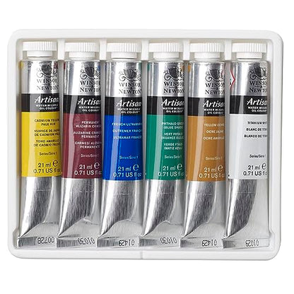 Winsor & Newton Artisan Water Mixable Oil Paint, Starter Set, 6 x 21ml | Clean with water; no solvents needed. Color depth, lightfastness, opacity/transparency are the same as traditional oils. - style: Starter Set 6 x 0.71-oz