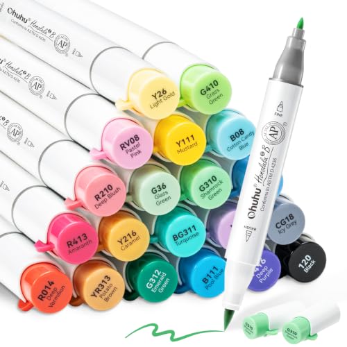 Ohuhu Alcohol Markers Brush& Fine 24 Colors for Adults Coloring Refillable | AP Certified Refillable Art Marker Set Dual Tips Alcohol-based for Artist Beginner Drawing Illustration Sketching Honolulu 2B