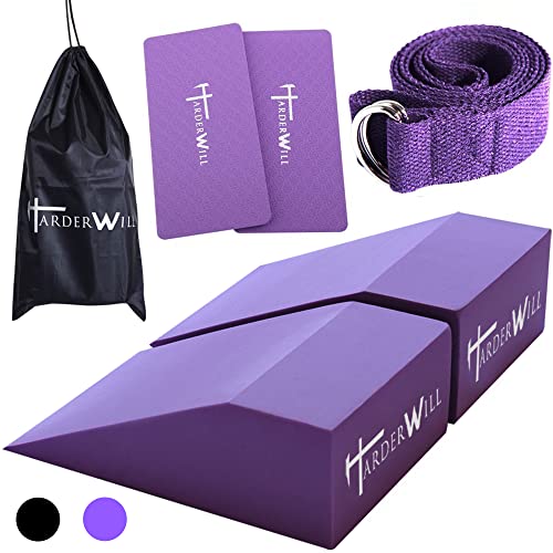 Yoga Foam Wedge Blocks (Pair), Calf Raise Block, Calf Stretcher, Yoga Wrist Support, Balance, Pushup, Fitness, Pilates, Heel Stretcher, Squat Wedge with Gym Bag - color: purple, size: Wedges with Strap and Pads
