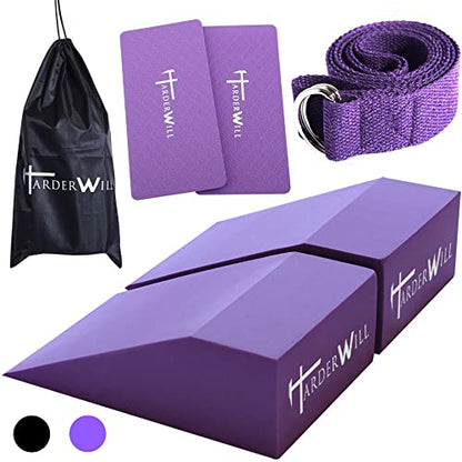 Yoga Foam Wedge Blocks (Pair), Calf Raise Block, Calf Stretcher, Yoga Wrist Support, Balance, Pushup, Fitness, Pilates, Heel Stretcher, Squat Wedge with Gym Bag - color: purple, size: Wedges with Strap and Pads