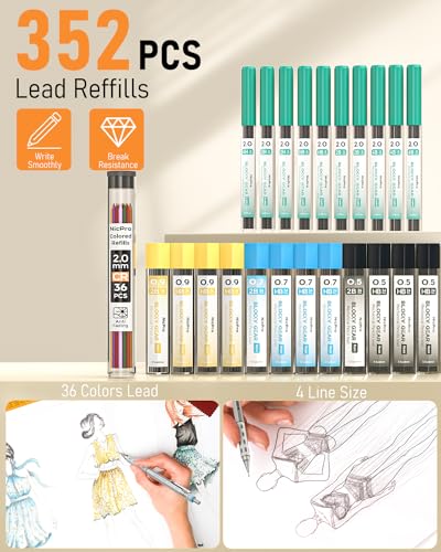Nicpro Blocky Gear Metal Mechanical Pencil Set with Leather Case | 40PCS Art Drafting Pencil 0.5/0.7/0.9/2mm Lead Pencil with 352PCS (HB 2H 4H 2B 4B 6B Color) Lead Refill for Sketching Drawing - style: 6 PACK with Leather Bag