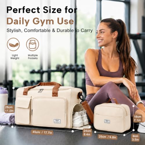 FIORETTO Women's Gym Duffle Bag with Shoes Compartment, 30L Capacity, Ideal for Travel, Gym, Sports, Duffel, Weekender - color: Beige& Brown, style: Gym Bag With Toiletry Bag