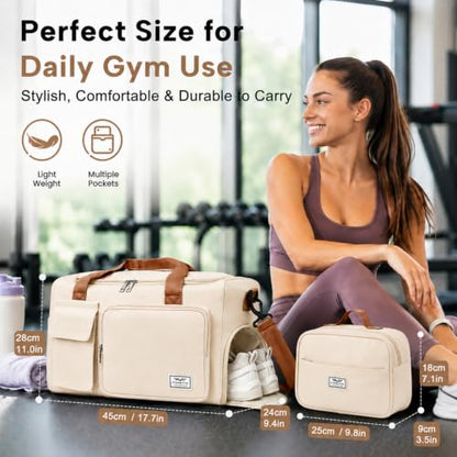 FIORETTO Women's Gym Duffle Bag with Shoes Compartment, 30L Capacity, Ideal for Travel, Gym, Sports, Duffel, Weekender - color: Beige& Brown, style: Gym Bag With Toiletry Bag