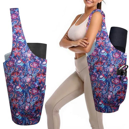 Yoga Mat Bag Carrier for Women Workout Large Waterproof with Zipper Pocket, Keychain and Wide Shoulder Straps - color: paisley bird