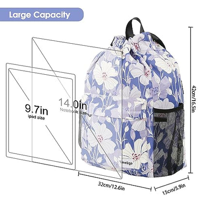 Drawstring Backpack Sports Gym Sackpack with Mesh Pockets String Cinch Beach Bag for Men Women(Blue Flower) - color: Blue Flower