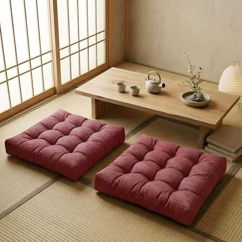 Large Square Floor Cushion Set of 2, 22 x 22 Inch with Non-Slip Bottom, Memory Foam Floor Pillow for Sitting, Meditation & Yoga, Soft Supportive Floor Seating Cushion for Adults & Kids (2, Red) - color: Red