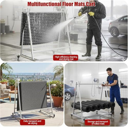 Floor Wash Rack and Mat Transporter, 40" x 28" x 42" Rolling Cart