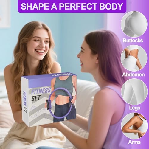 Pilates Ring Equipment Set, Home Pilates Kit for Women with 13’’ Magic Ring with Dual Padded Handles, Small Pilates Ball, 5 Resistance Bands & Complete Fitness Guide, Pilates Essential Accessories - color: 15pcs Purple