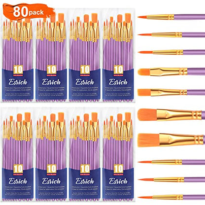 ESRICH Acrylic Paint Brushes Set, 8 Packs 80 Pcs, Nylon Brush Head | Acrylic Oil Watercolor, Face Nail Art, Miniature Detailing, Rock Painting, Painting Artist Professional Kits(Purple) - color: Purple, size: 80