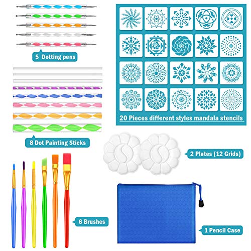 Mandala Dotting Tool Art Kit, Audab 42 Pcs Mandala Rock Dotting Set with Stencil Templates, Stylus Pens Paint Tray and Paint Brushes for Mandala Rock Painting