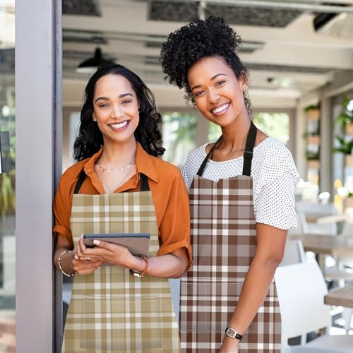 Apron with Pockets, 32x28 inch, 2 Pack, Khaki Champagne | Checkered Tartan Plaid Adjustable Bib with Pockets for Women Men Couple Lovers Chef Home Baking Gardening - color: Khaki Brown