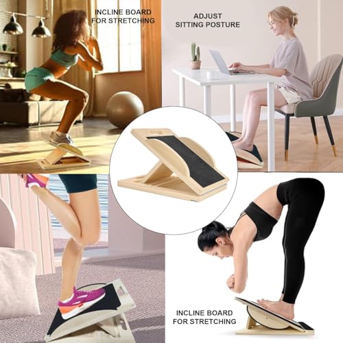 3-in-1 Portable Wooden Slant Board for Calf Stretching - Calf Stretcher & Incline Board Convertible to Balance Board + Resistance Band - 5 Angles, Anti-Slip Squat Wedge for Squats, Plantar Fasciitis, Achilles & Physical Therapy