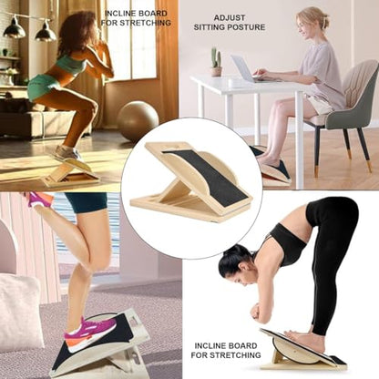 3-in-1 Portable Wooden Slant Board for Calf Stretching - Calf Stretcher & Incline Board Convertible to Balance Board + Resistance Band - 5 Angles, Anti-Slip Squat Wedge for Squats, Plantar Fasciitis, Achilles & Physical Therapy