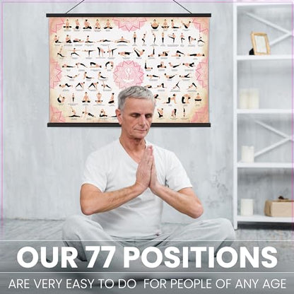 JAZZY BLANC Yoga Poses Poster with Magnetic Frame – 36 x 24-inch Premium Yoga Poster – Waterproof Yoga Poster – Yoga Accessories – Yoga Wall Art with 77 Yoga Poses and Stretches. (Pink)