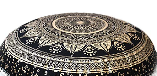 CRAFT KALA 32" Bohemian Floor Pillow Cover Boho Large Round Pouf Cover Mandala Meditation Room Pillows Cover for Adults Seating Poufs Cushion Cover for Kids Playroom Black Gold Trishul - color: Black Gold Trishul