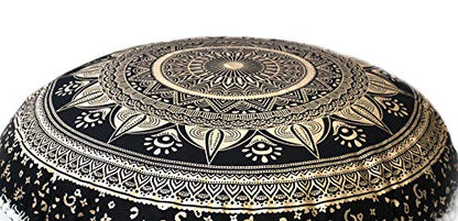 CRAFT KALA 32" Bohemian Floor Pillow Cover Boho Large Round Pouf Cover Mandala Meditation Room Pillows Cover for Adults Seating Poufs Cushion Cover for Kids Playroom Black Gold Trishul - color: Black Gold Trishul