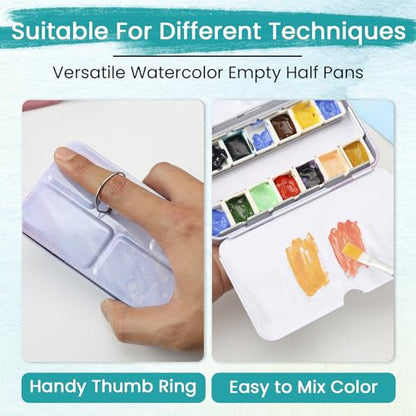 HAUSTG0 Metal Watercolor Palette - Empty Tin with Paint Tray and 14 Half Pans - Travel Palette with Lid - style: Illusionary Water