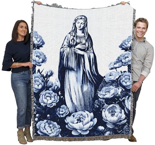 Pure Country Weavers Blue Floral Mary Blanket - Religious Gift Tapestry Throw Woven from Cotton - Made in The USA (72x54) - color: Blue Floral Mary, size: 72x54