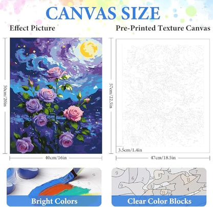 ZRIZQ Flowers Paint by Numbers Kit for Adults Beginner,Purple Rose,16x20 | Full set with wooden brushes,rolled canvas,rich paints.Calming activity.Beginner friendly.Just open and paint. - color: 16"X20"Rolled Canvas(Frameless)-Flowers 2