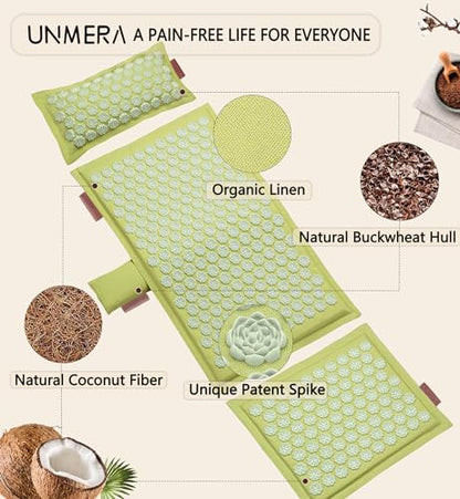 UNMERA Acupressure Mat and Pillow Set,Natural Linen & Coconut Fiber Filling | Back/Neck Pain Relief, Sciatic, Headache and Muscle Relaxation, Comes with Carrying Bag - color: Forest Green