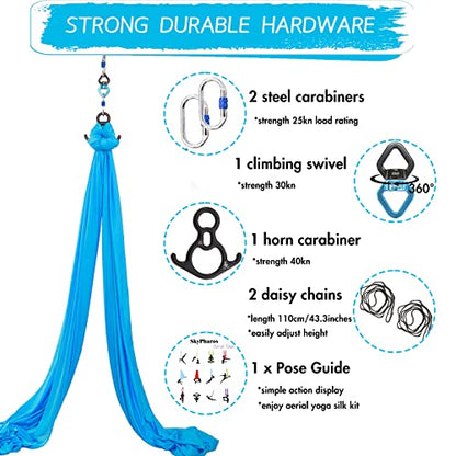 Aerial Silks Yoga Swing Set, Fitness Aerial Yoga Kit | Anti-Gravity Flight Aerial Yoga Hammock Kit; Low/Non Stretch Nylon Tricot Fabric; For Fitness & Dance; Hardware Included - color: 9Yards-Aqua Blue