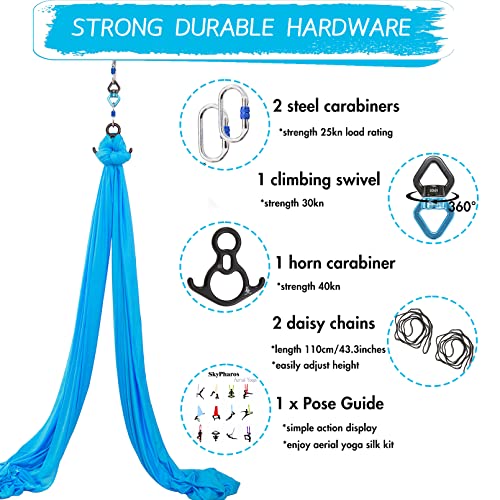 Aerial Silks Yoga Swing Set, Fitness Aerial Yoga Kit | Anti-Gravity Flight Aerial Yoga Hammock Kit; Low/Non Stretch Nylon Tricot Fabric; For Fitness & Dance; Hardware Included - color: 9Yards-Aqua Blue